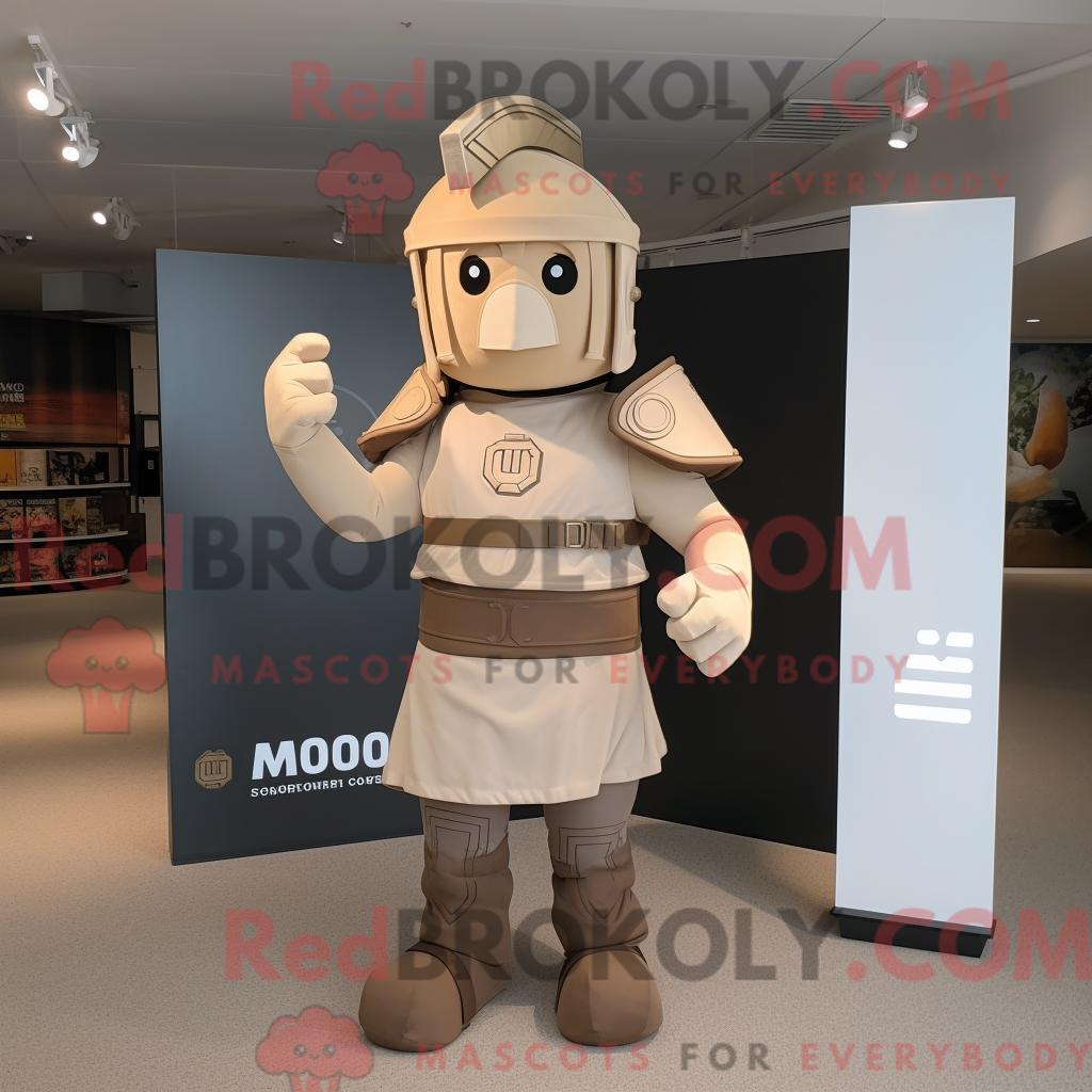 Maskottchen REDBROKOLY eines braunen römischen Soldaten mit Bomberjacke und Aktentasche
