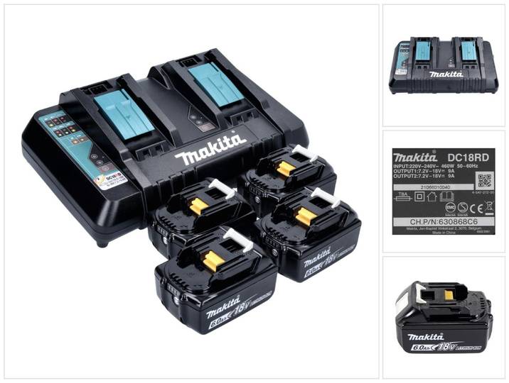 Makita Power Source Set de 2 Batteries BL1860B 6\,0Ah 18V + Chargeur rapide double DC18RD (196933-6)