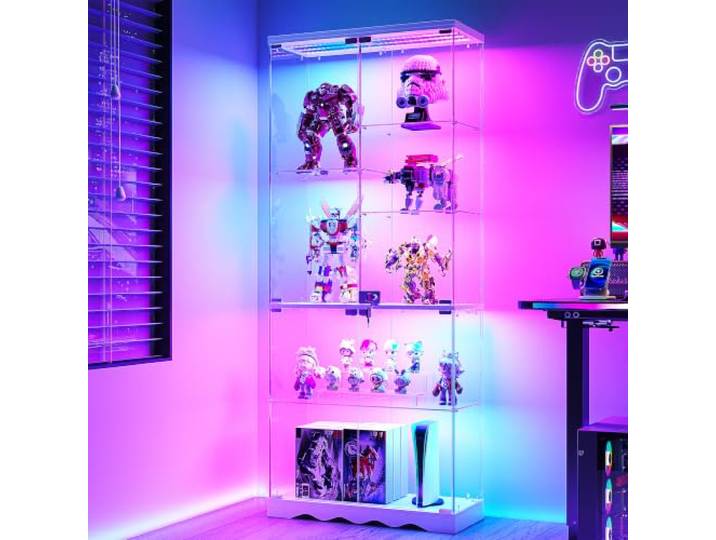 TAGELIER Glasvitrine mit Beleuchtung, 7-stufige Sammlervitrine 170 cm hohe Sammlervitrine, RGB-LED mit Bewegungssensor, Türen aus Sicherheitsglas, abschließbar, einfache Montage