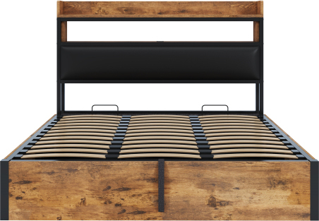Erwachsenenbett Schwarz 180x200 cm Ohne Matratze Doppelbett Holzbett Stauraumbett Hydraulischer Hebevorrichtung USB Gepolstertes Vintage Holz Metall