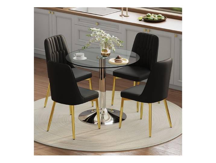 STILVORA Essgruppe Esstisch-Set mit 85 cm Durchmesser Esstisch und 4 schwarzen PU Stühlen