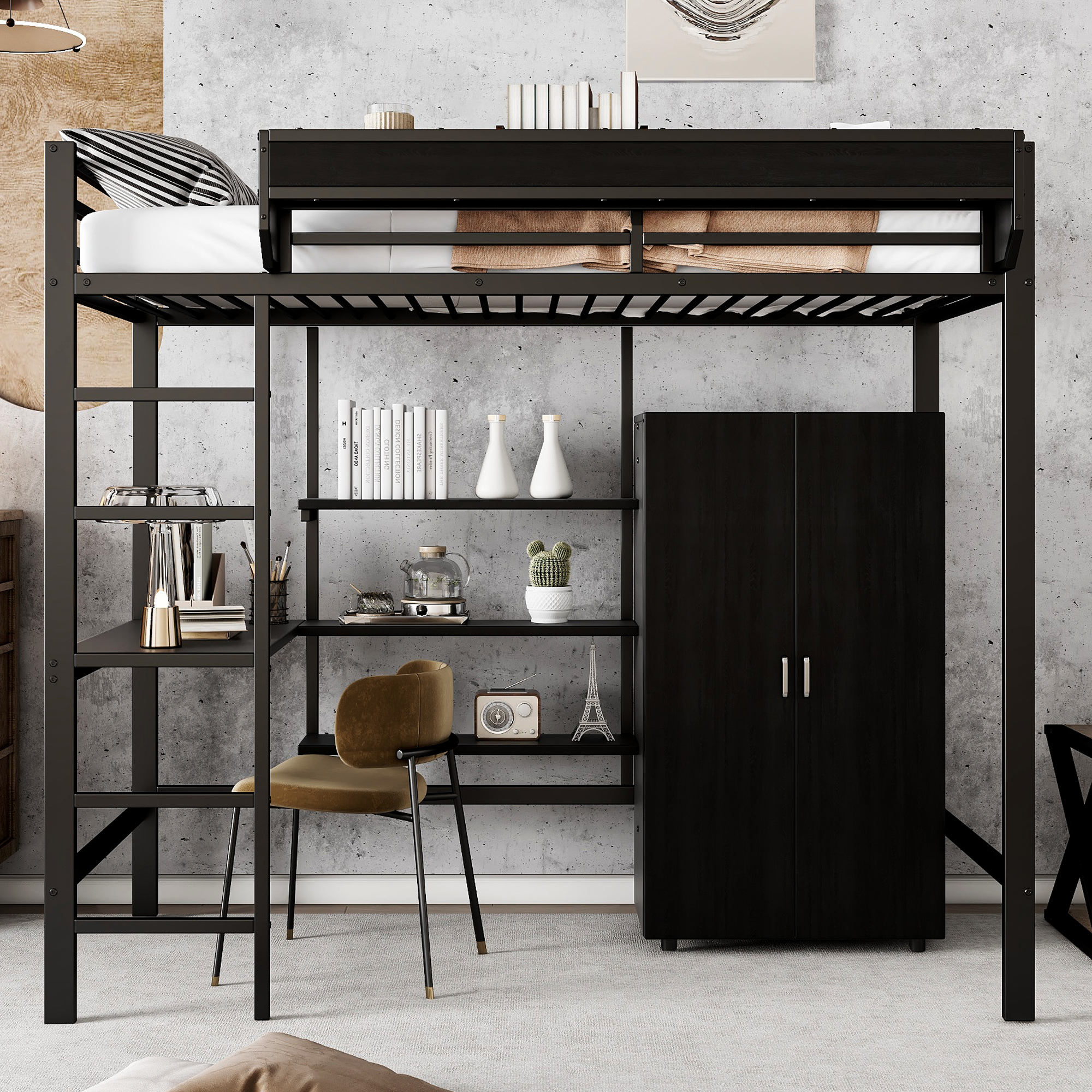 Flieks Etagenbett 90x200cm mit Kleiderschrank, Hochbett Metallbett Kinderbett mit Schreibtisch & Regal, Jugendbett Einzelbett mit Lattenrost, Schwarz
