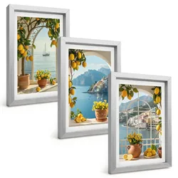BILDER SET 3er Set - 20x30 cm Silberner Rahmen - Zitronenblumen aus der Küstenstadt