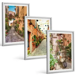 BILDER SET 3er Set - 40x60 cm Silberner Rahmen - Straßen, Blumen, italienisches Flair