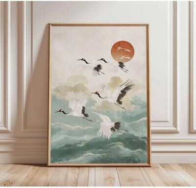 Uplift Picks Japanese Crane Ukiyoe Canvas Wall Art Red Sun Vintage Poster 11 30x40 Cm unframed