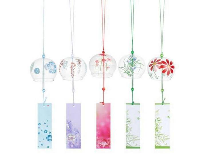 Windspiel 5-teiliges Set Glas Blumenmotiv Japanisch, Mehrfarbig, 6.9x1x41.3 cm, Dekoration, Gartendeko