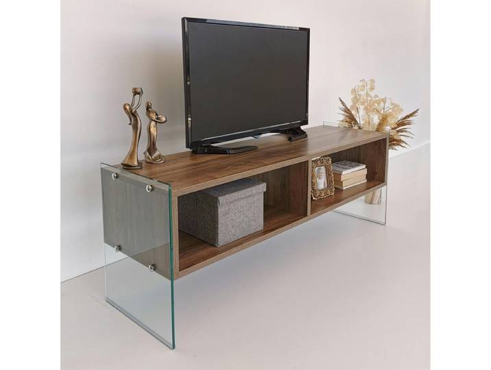 Meuble TV design 2 niveaux pieds verre SALTA - Noyer