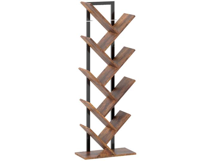 Homcom Bücherregal Standregal mit 9 Ebenen Schmal Regal im Baumform Rustikal Braun, Metall, Nachbildung, 24x136x50 cm, Wohnzimmer, Regal, Bücherregale