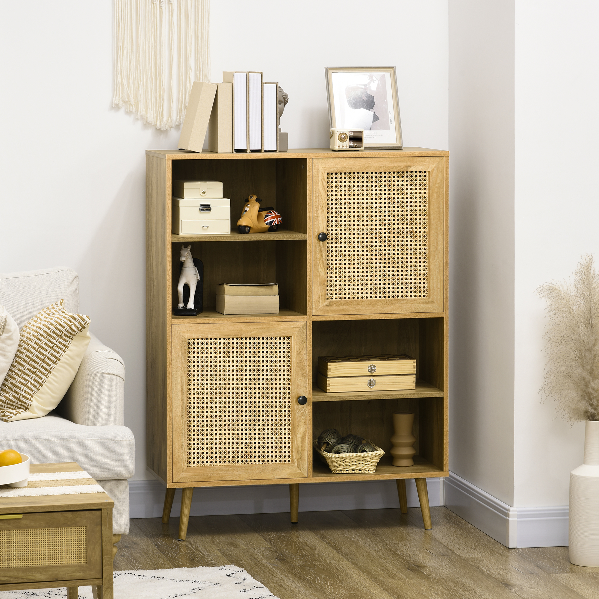 Homcom Buffet mobile da soggiorno armadio alto aspetto legno e vimini design 2 porte - dim. 90L x 32,5l x 120H cm