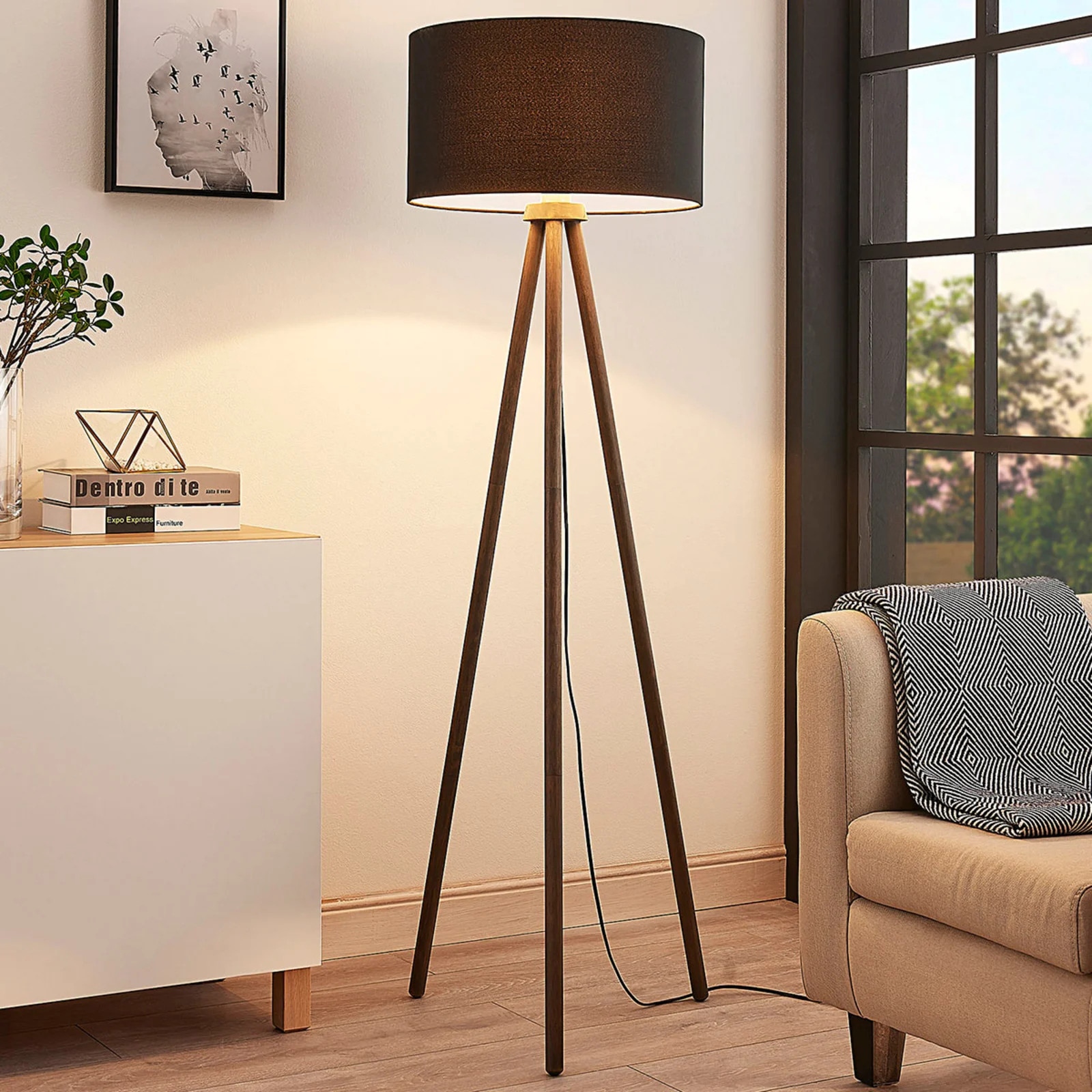 Lindby Majken Vloerlamp Scandinavisch Design - Grijs/Zwart/Hout
