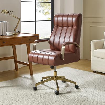 HULALA HOME Curtiz Mid-Century Modern Vegan Leather Swivel Tilting Office Chair with Channel Tufted and Metal Feet