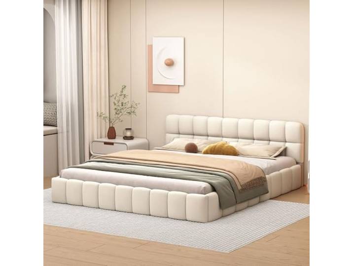 LieABak Bubble Bett 160x200cm mit Lattenrost, Polsterbett Doppelbett mit Weiches Kopfteil, Jugendbett mit Rückenlehne, Gepolstertes Bett für Schlafzimmer und Gästezimmer, Leinen (Beige, 160x200cm)