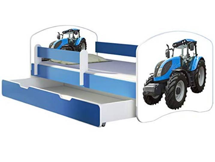 ACMA Kinderbett 160x80 cm Blau mit Bettkasten, Matratze & Lattenrost – Jugendbett mit Rausfallschutz, personalisiertes Motiv 42 Traktor, Kinderzimmer, belastbar bis 120 kg
