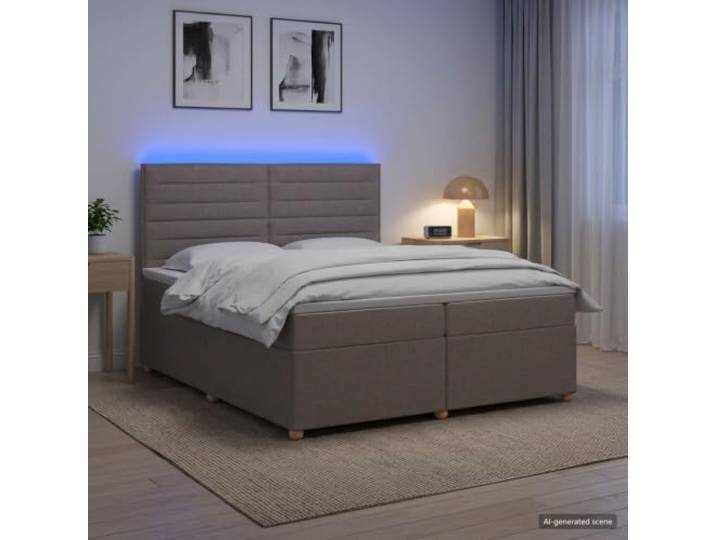 Boxspringbett mit Matratze Taupe 200 x 200 cm Stoff Mehrfarbige USB-LED-Leuchten, höhenverstellbares Kopfteil, Taschenfedern, konstruierter Holzrahmen, Abdeckungen