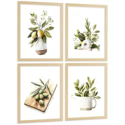 POSTER 4er Set Mediterrane Küchen-Wandbilder Zitronen Knoblauch Oliven Kräuter Aquarell Esszimmer Deko Rahmenlos A3