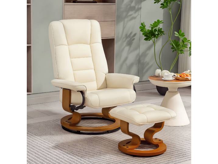 HOMCOM Fauteuil Relax Pivotant Synthétique Crème Bois