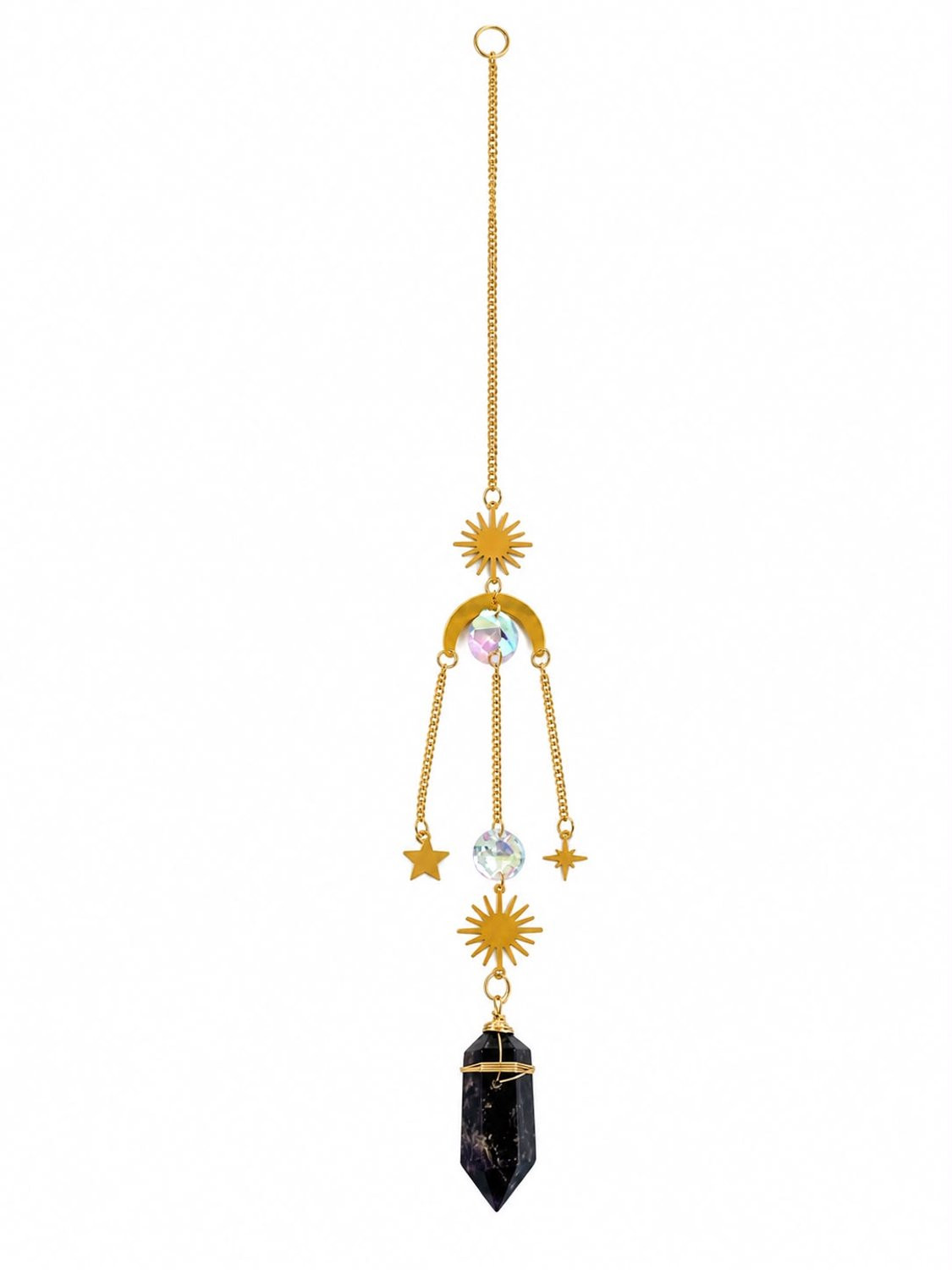 Kristallen Suncatcher met Maan, Sterren en Amethist Kristal – Goudkleurige Raamhanger – Boho Decoratie