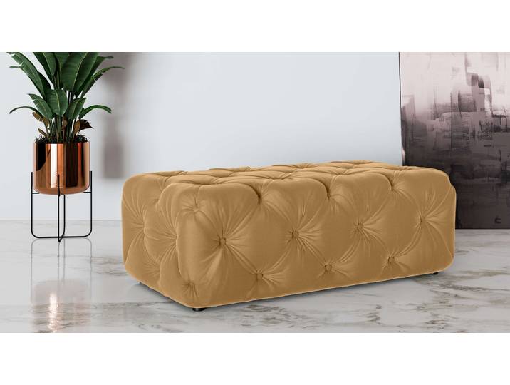 Polsterhocker HOME AFFAIRE FOLLINA , gold, B:130cm H:39cm T:65cm, 100% Polyester, Hocker, Polsterhocker, Polsterhocker mit klassischer Chesterfield-Knopfheftung