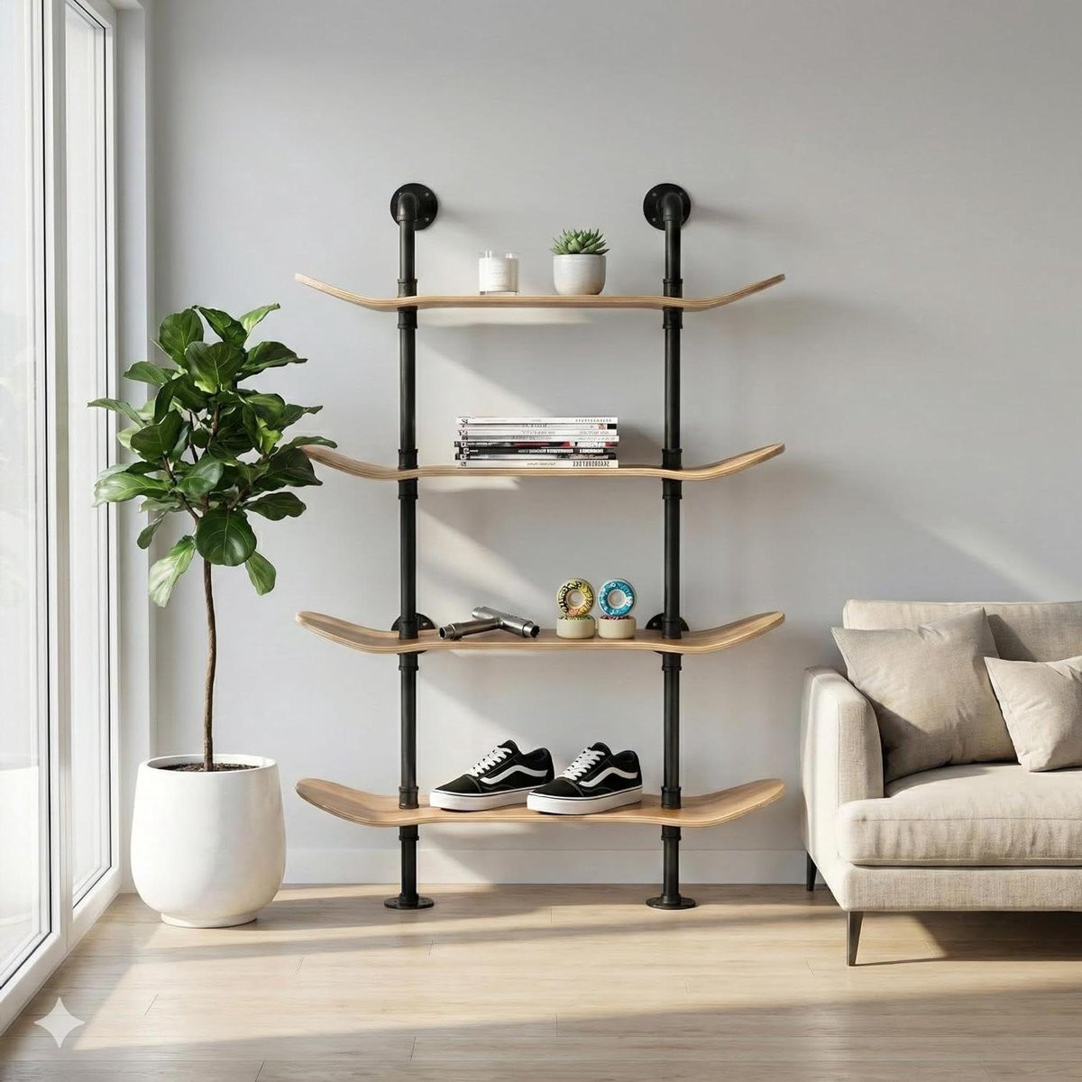 Industriële Boekenplank Skateboard Wandrek - 7-laags Esdoorn en Zwart Natuurlijk Hout