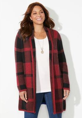 Plus Size Women's Country Village Sweater Cardigan by Catherines in Navy Plaid (Size 4X)