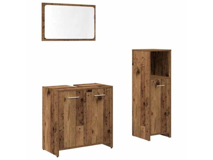 Tmriohed 3-tlg Badmöbel Set Altholz-Optik Waschbeckenunterschrank Spiegel Dreiteiliges Badset aus feuchtigkeitsbeständigem Holzwerkstoff mit Wandspiegel und Beistellschrank fürs Gäste-WC.