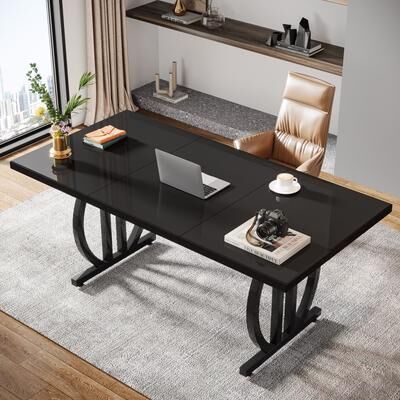 YUZHOU 63-Inch Modern Computer Desk with Metal Frame for Home Office, Black