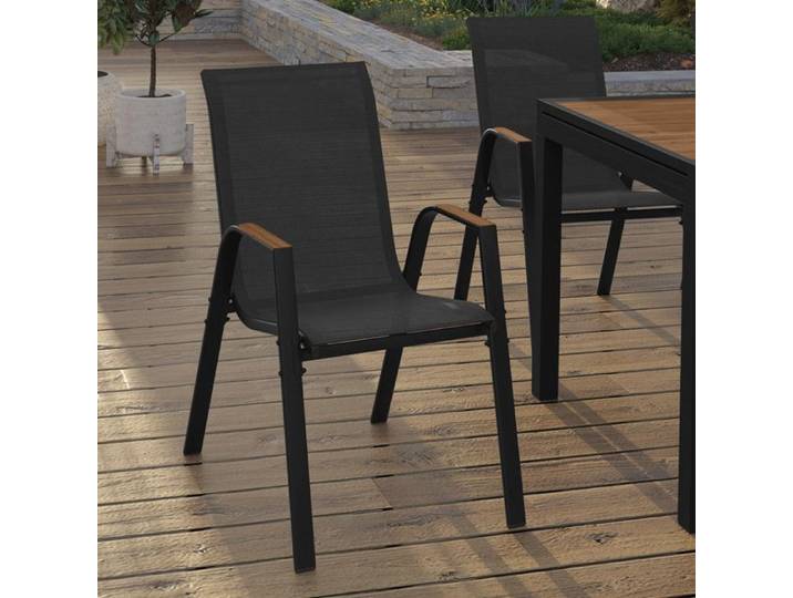 IDMARKET Lot de 4 chaises de jardin NOUMEA métal et textilène empilables noir et bois