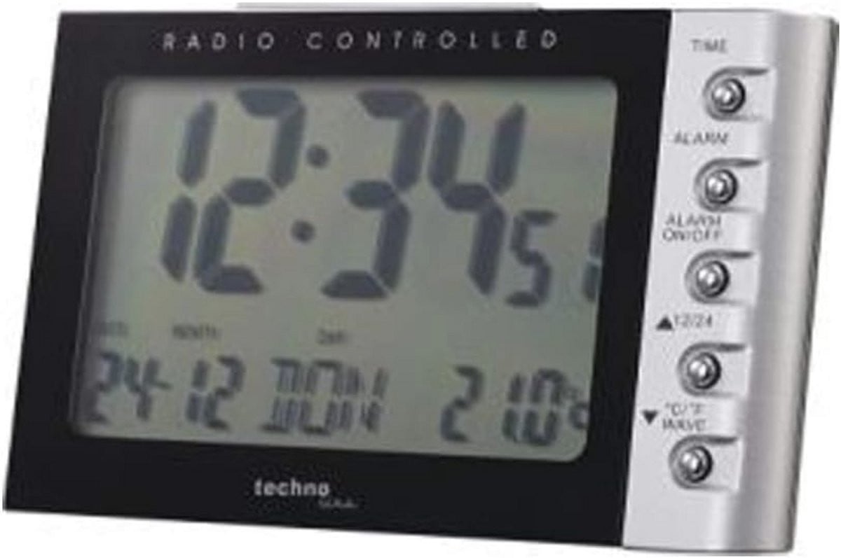 Zendergestuurde wekker met datum, weekdag en binnentemperatuur