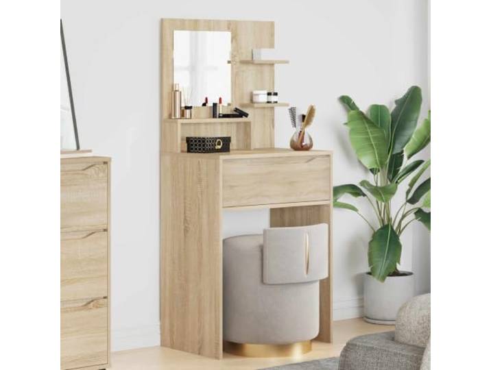 Schminktisch für Schlafzimmer, Sonoma-Eiche, rechteckig Holzwerkzeug, kugelgelagerte Schubladen, vielseitige Regale, platzsparendes Profil, minimalistischer Stil