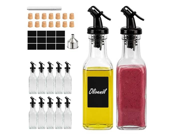 Relaxdays Bouteilles Verre Lot de 12\, 150 ml\, bec verseur\, transparentes bouchons liège\, étiquettes\, huile/vinaigre