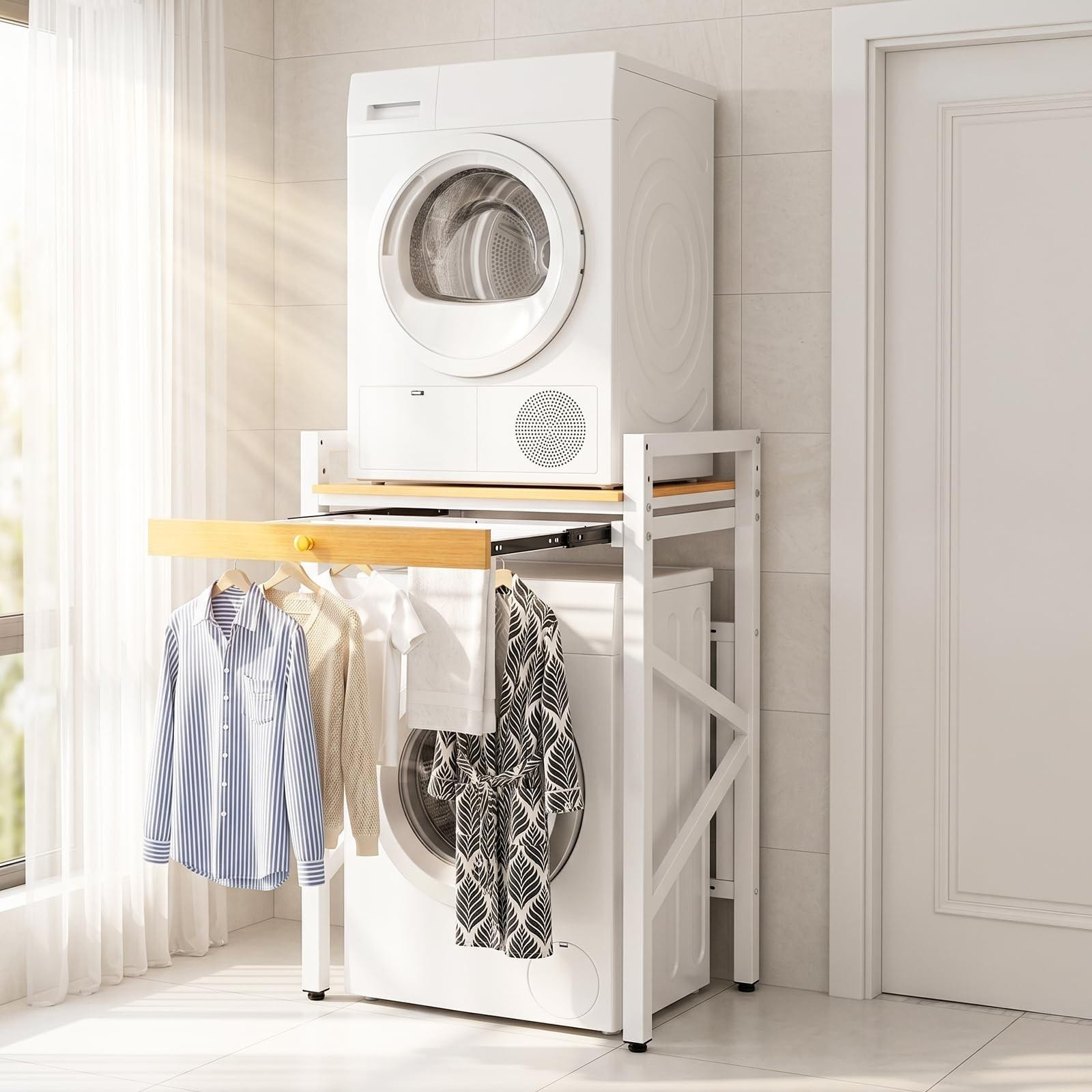Stapelbaar wasmachine en droger rek met verstelbare hoogte