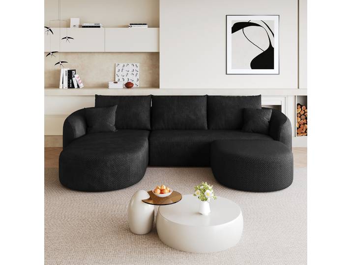 Canapé D’angle Modulaire En U Noir En Tissu Chenille Sans Montage