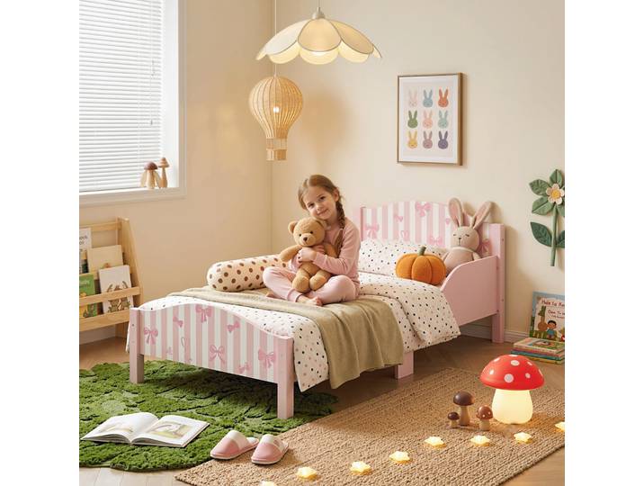 AIYAPLAY Lit Enfant 146x76,5cm Barrières Anti-Chute Rose Montessori