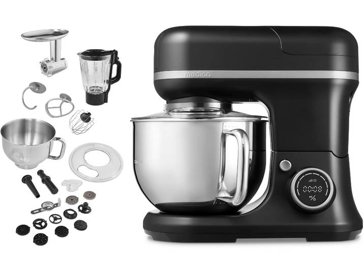 MEDION Küchenmaschine MD 18430, 8 Geschwindigkeitsstufen, Impulsfunktion, 5L Rührschüssel , schwarz, B:44,2cm H:35,4cm T:23,7cm, Küchenmaschinen, Mit umfangreichem Zubehör-Set, Mixeraufsatz, Fleischwolf-Aufsatz, Küchenmaschine