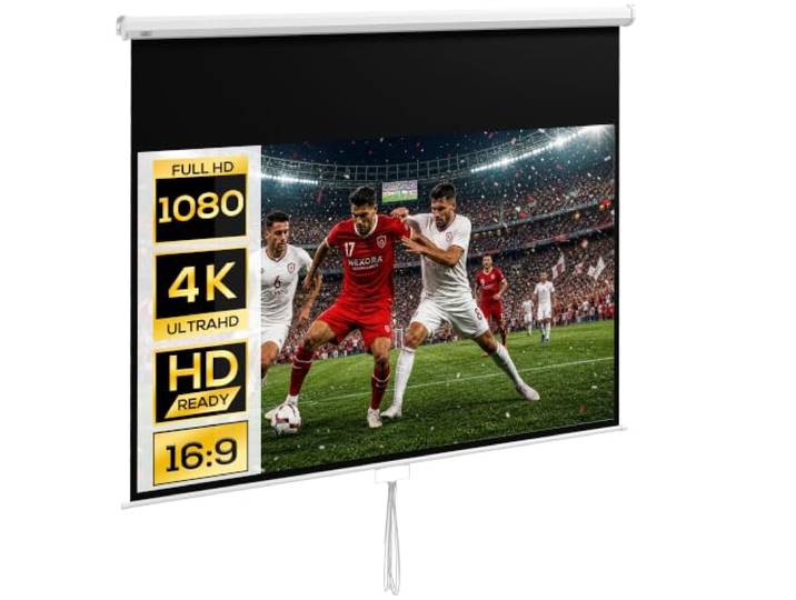 HOMCOM Écran de Projection 120\ 16:9 HD 4K avec Boîtier 266 x 149 cm Blanc Écran Videoprojecteur\, Boîtier en Métal\, Hauteur Réglable Manuellement\, pour Cinéma Maison\, Bureau\, Voyage