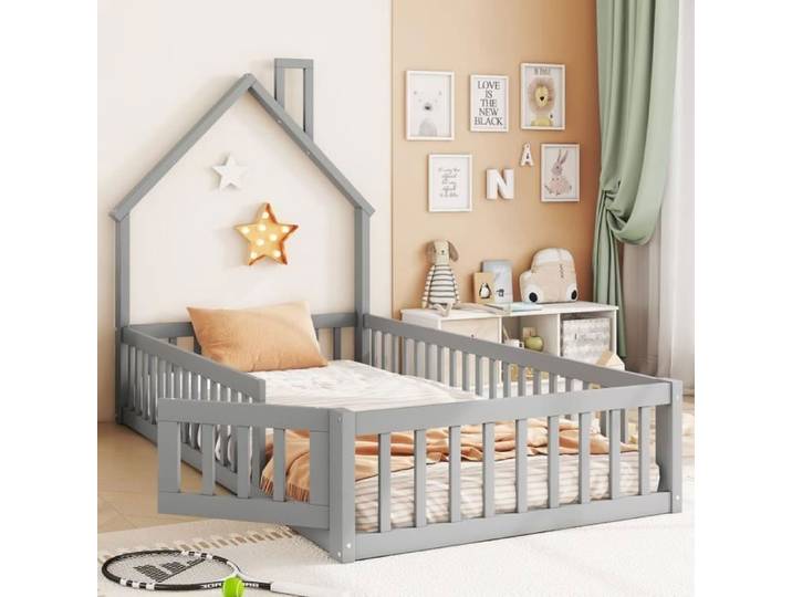 Lit enfant - LEYTN - 90x200cm - Bois de pin - Tête de lit cheminée - Style minimaliste