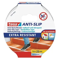 Tesa Anti-Rutschband transparent, für Innen und Außen, Reinigungsmittel-/Temperaturbeständig, L x B: 5 m x 25 mm