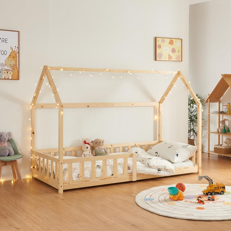 Kinderbett 90x200 cm, Kiefernholz - Jugendbett mit Hausdesign und Schutzgitter