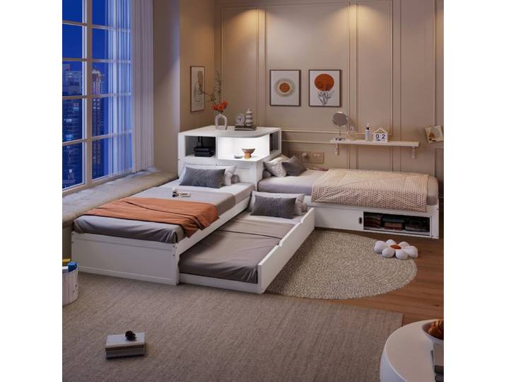 Lit plateforme 90x200 blanc avec lit gigogne rangement coulissant et veilleuse sommier inclus