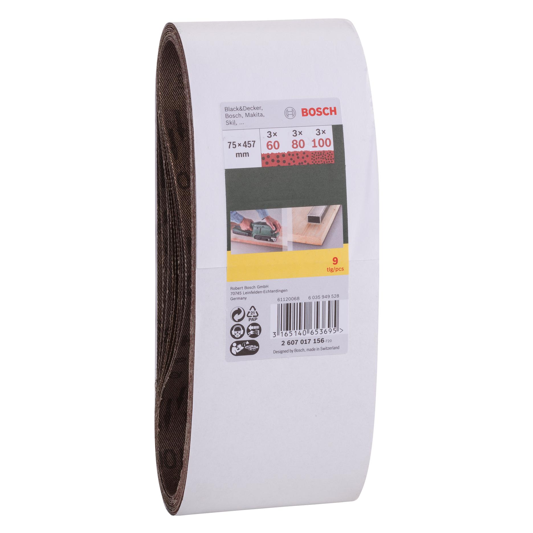 Bosch Zubehör Schleifband-Set für Bandschleifer, 9-teilig, 75 x 457 mm, Körnung 60, 80, 100 (60) (2607017156)