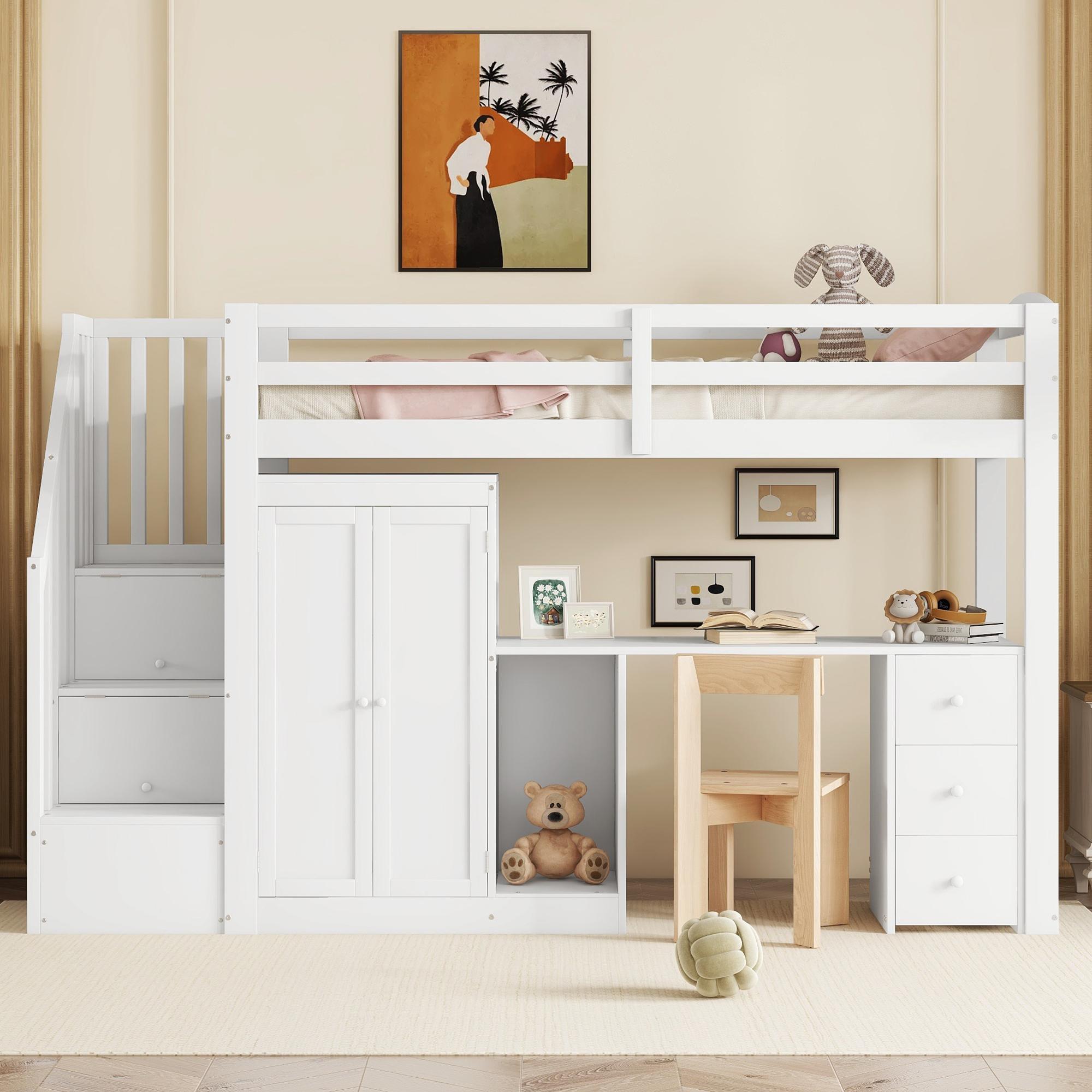 Hochbett 90x200cm, Bett mit Stauraum/Treppen/Kleiderschrank/Schrank, Kinderbett mit Tisch/Schubladen/Rausfallschutz, Etagenbett für Mädchen/Jungen