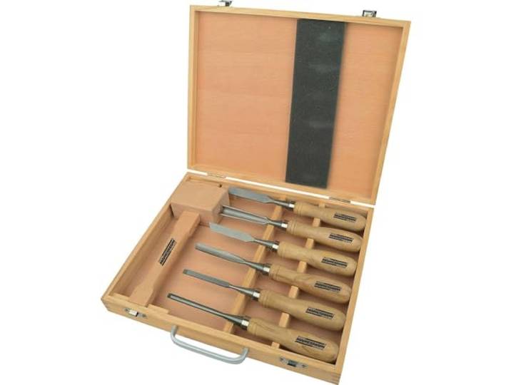 Brüder Mannesmann Schnitzwerkzeug-Set 7-tlg., aus Chrom-Vanadium-Stahl mit ergonomischen Holzgriffen, im Holzkoffer, geeignet für Feinschnitz- und Holzarbeiten, 6 Beitel, 1 Klüpfel M66107