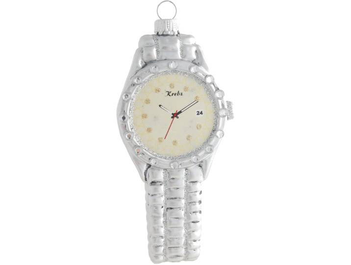 Christbaumschmuck KREBS GLAS LAUSCHA Herrenuhr, Weihnachtsdeko, Christbaumschmuck , silber (silberfarben), B:1,5cm H:10cm, Glas, Weihnachtsbaumschmuck, Christbaumschmuck, mundgeblasen