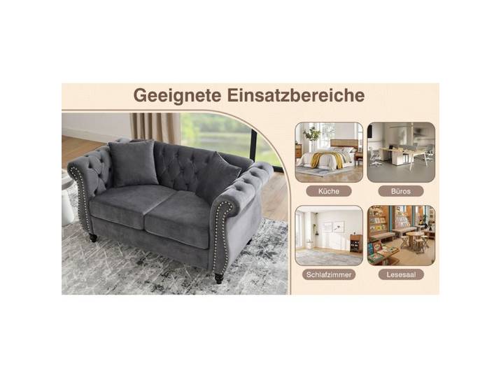 WOVREO Canapé fixe 3 places Chesterfield en velours gris capitonné avec accoudoirs roulés