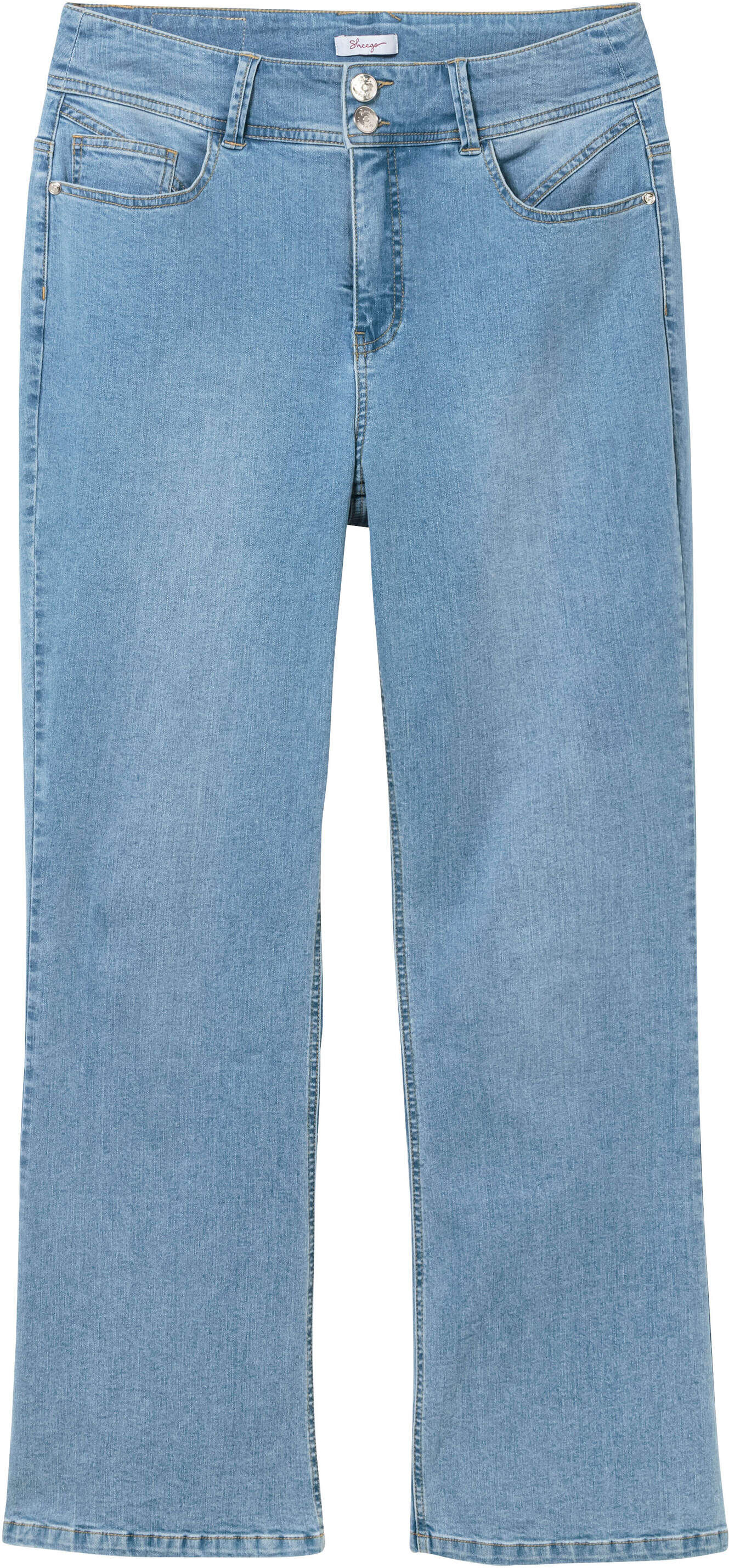 Bootcut-Jeans SHEEGO "Bootcut-Jeans Bootcut-Jeans mit High-Waist-Bund", Damen, Gr. 56, light blau, denim, Web, Stoff, , Sportlich, bootcut fit, Jeans Bootcut-Jeans, im Curvy-Schnitt MANUELA
