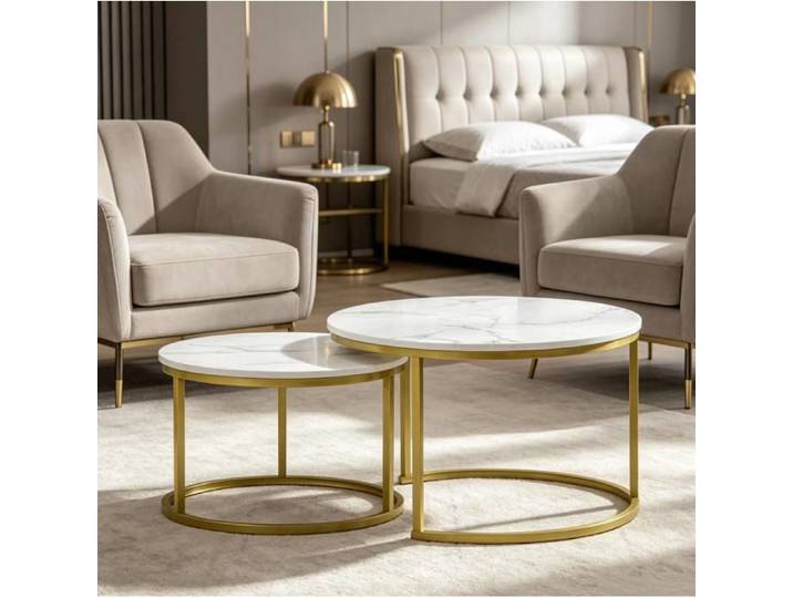 SENVIRO Table basse gigogne ronde lot de 2 Ø 74 cm et Ø 59 cm blanc doré