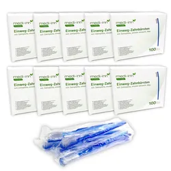 Medi-Inn Einmalzahnbürsten mit Zahnpasta, einzeln hygienisch verpackt, blau 10 x 100 = 1000 Stück