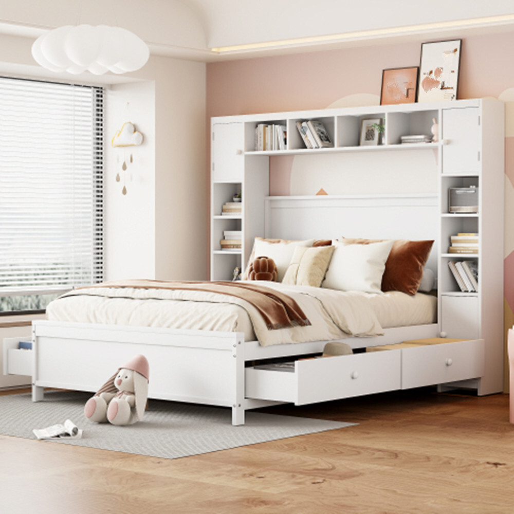 Kinderbett Bettgestell mit Stauraum 140*200, mit 4 Schubladen und großem Stauschrank, Bücherregale