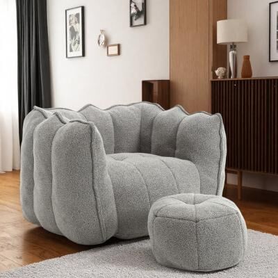 "41.2"" Chenille Soft Bean Bag Sofa Chair with High Resilient Foam and Footstool and Armrests"