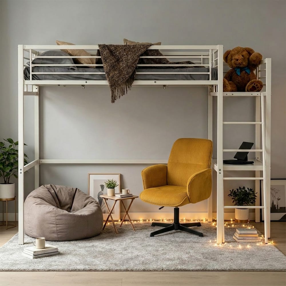 Meubles Cosy Litera alta blanca con escritorio y silla giratoria amarilla
